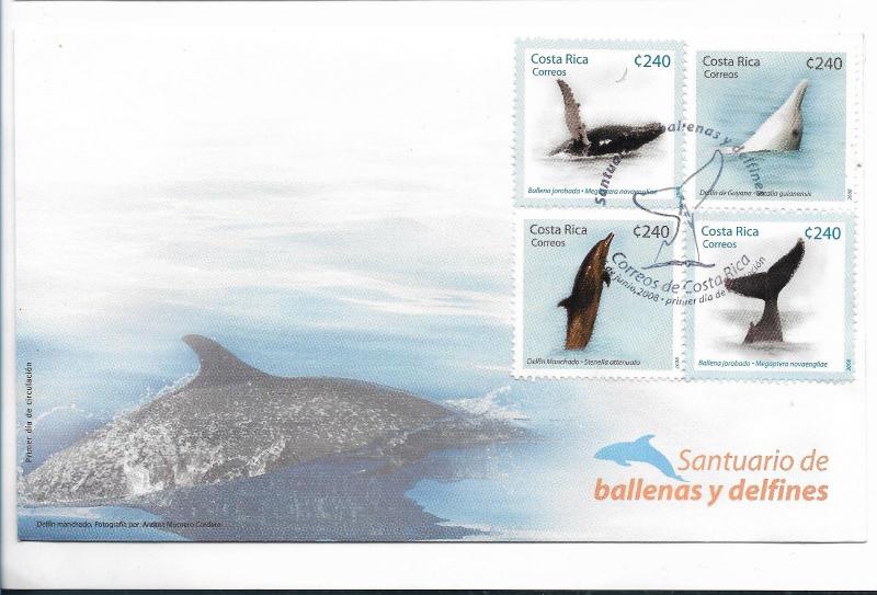 COSTA RICA 2008, FDC WHALES AND DOLPHINS, MARINE MAMMALS, SCOTT 619 