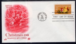 US 1940 Christmas Teddy Bear PCS Artcraft Variety U/A FDC