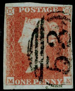 SG9, 1d pale red-brown PLATE 97, FINE USED. Cat £35. 4 MARGINS. MK