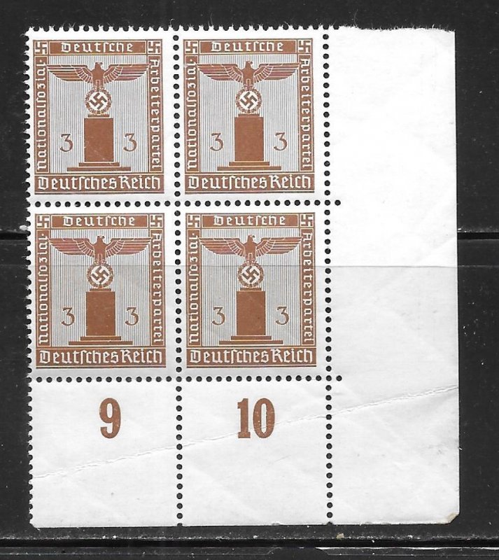 Germany S13 3pf Franchise Stamp Corner Block of 4 MNH