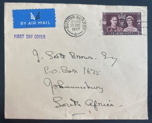 1937 Sutton Surrey England Airmail First Day Cover FDC To South Africa