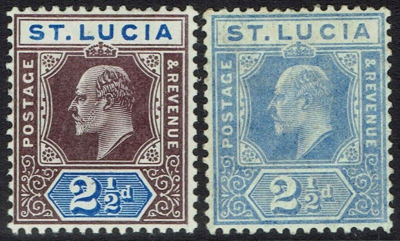 ST LUCIA 1904 KEVII 21/2D BOTH COLOURS WMK MULTI CROWN CA