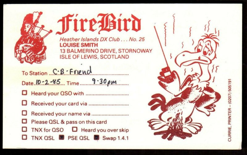 QSL RADIO CARD Bagpipe,Fire Bird,Louise Smith, Isle of Lewis,Scotland (Q3871)