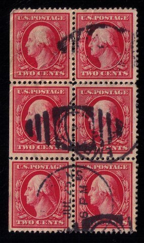 US SCOTT #332 USED BLOCK OF SIX VERY FINE