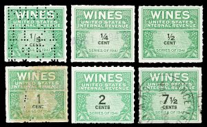 Scott RE108-RE112,RE120 1942 1/5c-7½c 6 Diff. Wine Revenues Used F-VF Cat $13.65