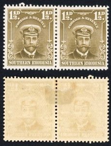 Southern Rhodesia SG3 1 1/2d Bistre-brown Perf 14 Pair M/M