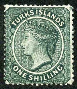 TURKS ISLANDS SG51 1/- slate-green Wmk Crown CC (s/way) M/Mint (hinge remainder)