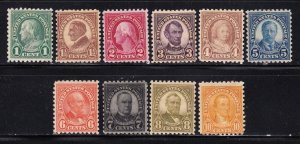 United States stamps #581 - 591, 1 MNHOG, 1 MNG, rest MHOG, w/high grade issues