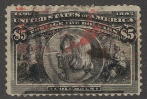 US Stamps #245 Used Iconic $5 Columbian 1893 with Orange cancel 245514