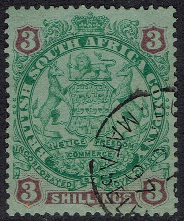 RHODESIA 1896 ARMS 3/- USED  