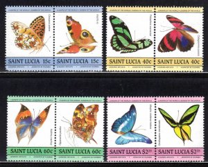 St. Lucia #731-34 ~ Cplt Set of 8 (4 pairs) ~ Butterflies ~  Mint, NH  (1985)
