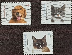 US Scott # 4455-4457, 3 used 44c Animal Rescue, 2010; VFcentering; off ppr