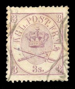 Denmark #12 Cat$75, 1865 3s red violet, used, small faults