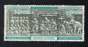 Indonesia 1968 Strip of 3 2.50r+25s Buddha Semi-Postal, Scott B213b MNH