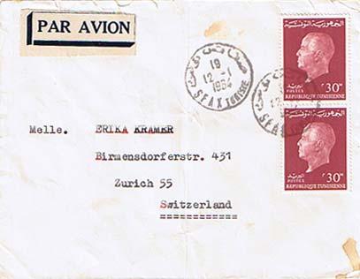 Tunisia 30m Bourguiba (2) 1964 Sfax Tunisie Airmail to Zurich, Switzerland.  ...