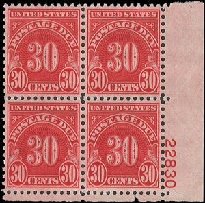 Scott # J85 1931 30c ver  Numeral  Plate Block - Lower Right - Mint 