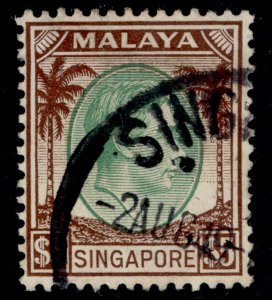 SINGAPORE GVI SG15, $5 green & brown, FINE USED.