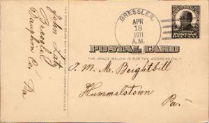 United States Pennsylvania Bressler 1911 4a-bar  1909-1957  Postal Card.