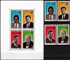 CONGO (Brazzaville) 1965 Statesmen. Churchill Kennedy... Set and Souv Sheet, MNH