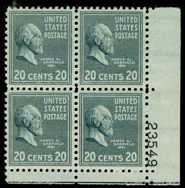 US #825 PLATE BLOCK, SUPERB mint never hinged, post office fresh,  20c Garfie...