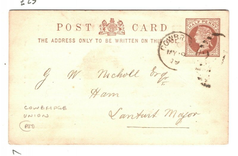 GB Wales Stationery Card *COWBRIDGE UNION* *224* 4VOD Duplex Glamorgan 1878 ZB52 