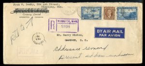 ?Registered airmail 10c+6c+5c OSOYOOS B.C. split ring 1939 cover Canada