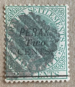 Perak 1891 2c on 24c - unlisted Defective A variety (R4/C4). Scott 30. SG 48