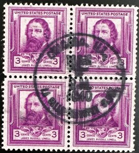 US #866  Used Block of 4 F/VF 3c James Russell Lowell 1940 [BB174]