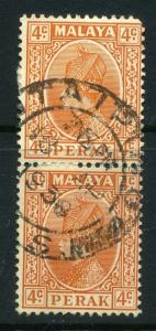 MALAYA;  1930s early PERAK Sultan issue 4c. fine used POSTMARK Pair