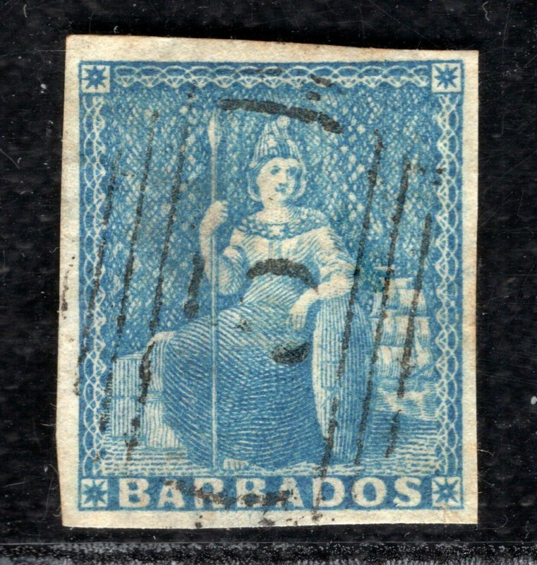 BARBADOS QV Stamp SG.3 (1d) Blue BRITANNIA Used *5* Numeral Cat £190- YBLUE147