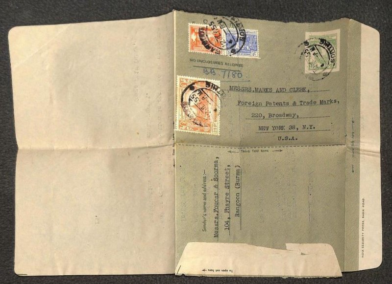 BURMA H&G F2 AEROGRAMME STATIONERY #129 142 146 STAMPS MARKS & CLERK TO USA 1955