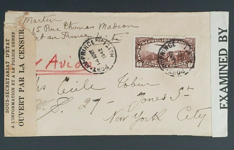 1942 Port Au Prince Haiti to New York City Censorship WWII Air Mail Cover