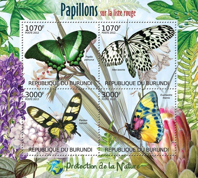 BURUNDI - 2012 - Butterflies on Red List - Perf 4v Sheet - Mint Never Hinged