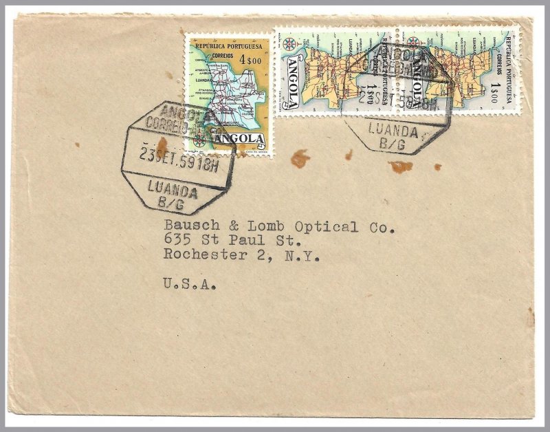 ANGOLA (Portugal) 1959 Commercial Airmail Cover - Map stamps (3)