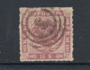 Denmark Sc 10 used. 1863 16s violet Coat-of-Arms, 3 in target cancel, sound, VF