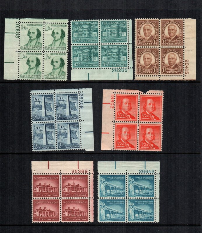 United States 7 diff plate blocks MNH