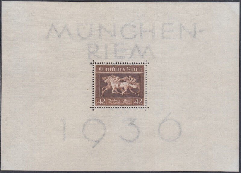 GERMANY Sc # B90:  VL-HR HORSE RACE SOUVENIR SHEET