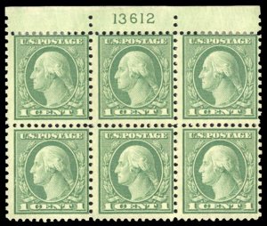 United States, 1910-30 #538 Cat$130, 1919 1c green, plate block of six, hinged