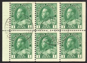 Sc#104a Canada KGV 1¢ used 1911 - 1925 booklet pane of six CV $150.00