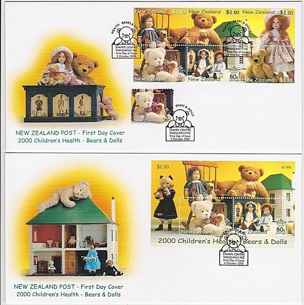 NEW ZEALAND 2000 Health - Teddy Bears mini sheet & Block FDCs..............A1141