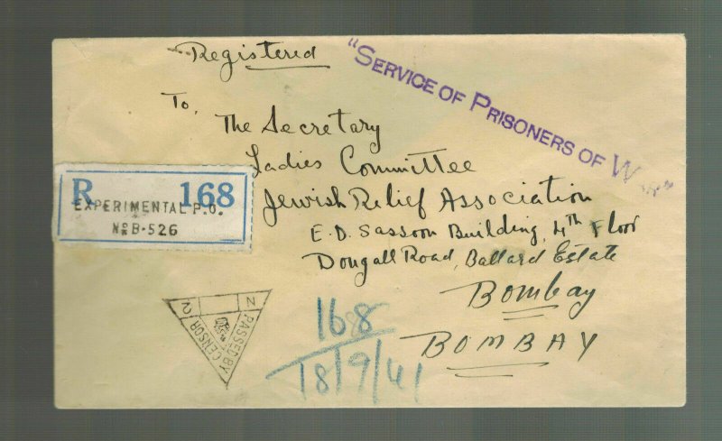 1941 India POW Central Internment Camp Cover to Jewish  Relief Associat Bombay