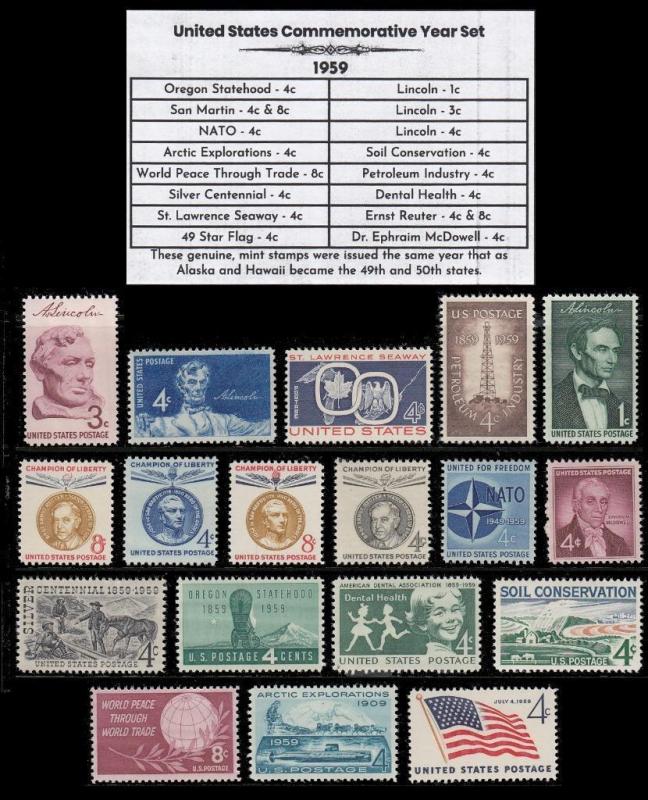 US Stamps 1959 Complete Mint Year Set of Vintage Commemorative Stamps