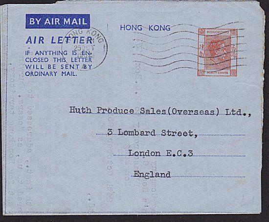 HONG KONG GVI 1952 40c airletter commercially used to UK....................8382