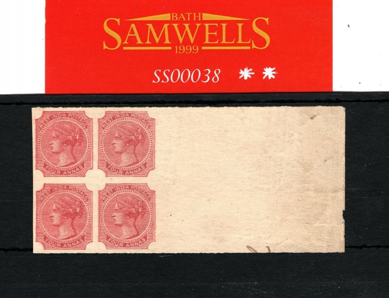 INDIA QV Stamp PROOF/COLOUR TRIAL/ESSAY 4a Red (1866) Marginal Block 4 RARE SS38