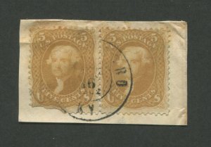 1861 United States Postage Stamp #67 Used F/VF Pair Owensboro Kentucky Cancel