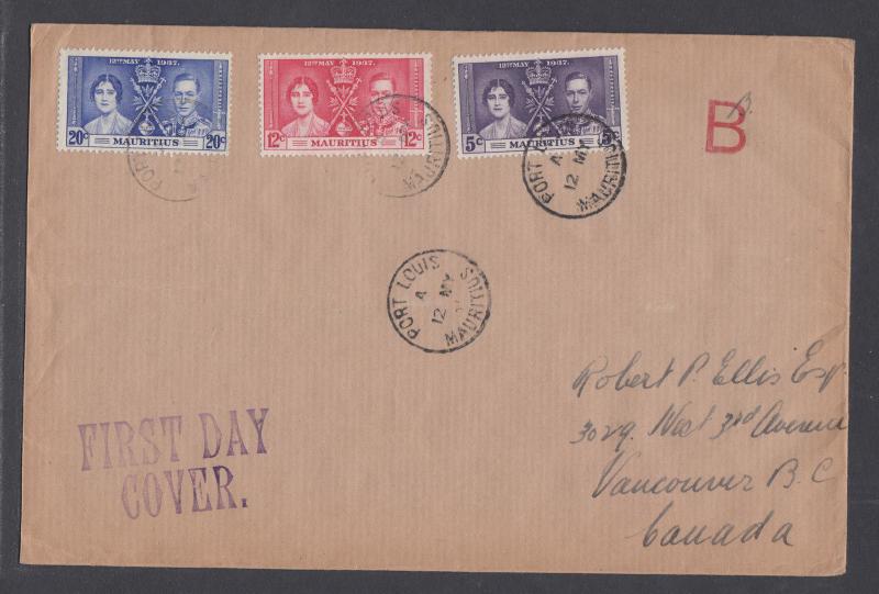 Mauritius Sc 208-210 FDC. 1937 Coronation, cplt set on Selfridge & Co cover