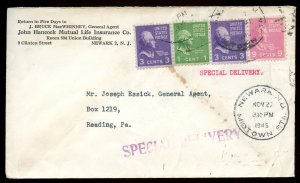 U.S. Scott 814, 807(2), and 804 Prexies on Special Delivery Cover