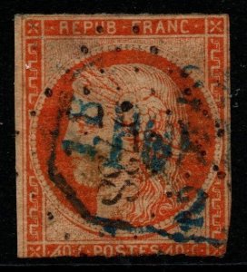 FRANCE SG20var 1850 40c ORANGE WITH OPEN FIGURE 4 AT LEFT VARIETY THINNED USED