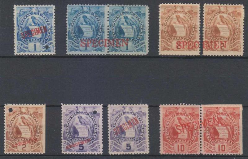 GUATEMALA 1886-95 QUETZAL Sc 43-44, 46, 48 THREE PAIRS & FOUR SINGLES SPECIMEN