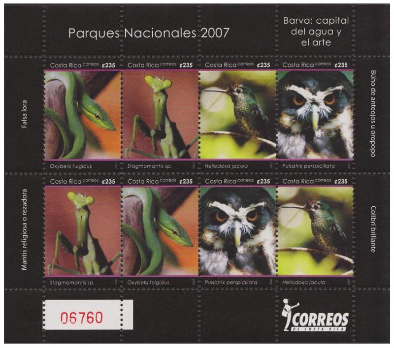 Costa Rica Owl Birds Snake Insects Sheetlet of 8 SG#1844-1847 MI#1676-1679